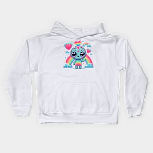 Cute alien with rainbow and hearts Kids Hoodie